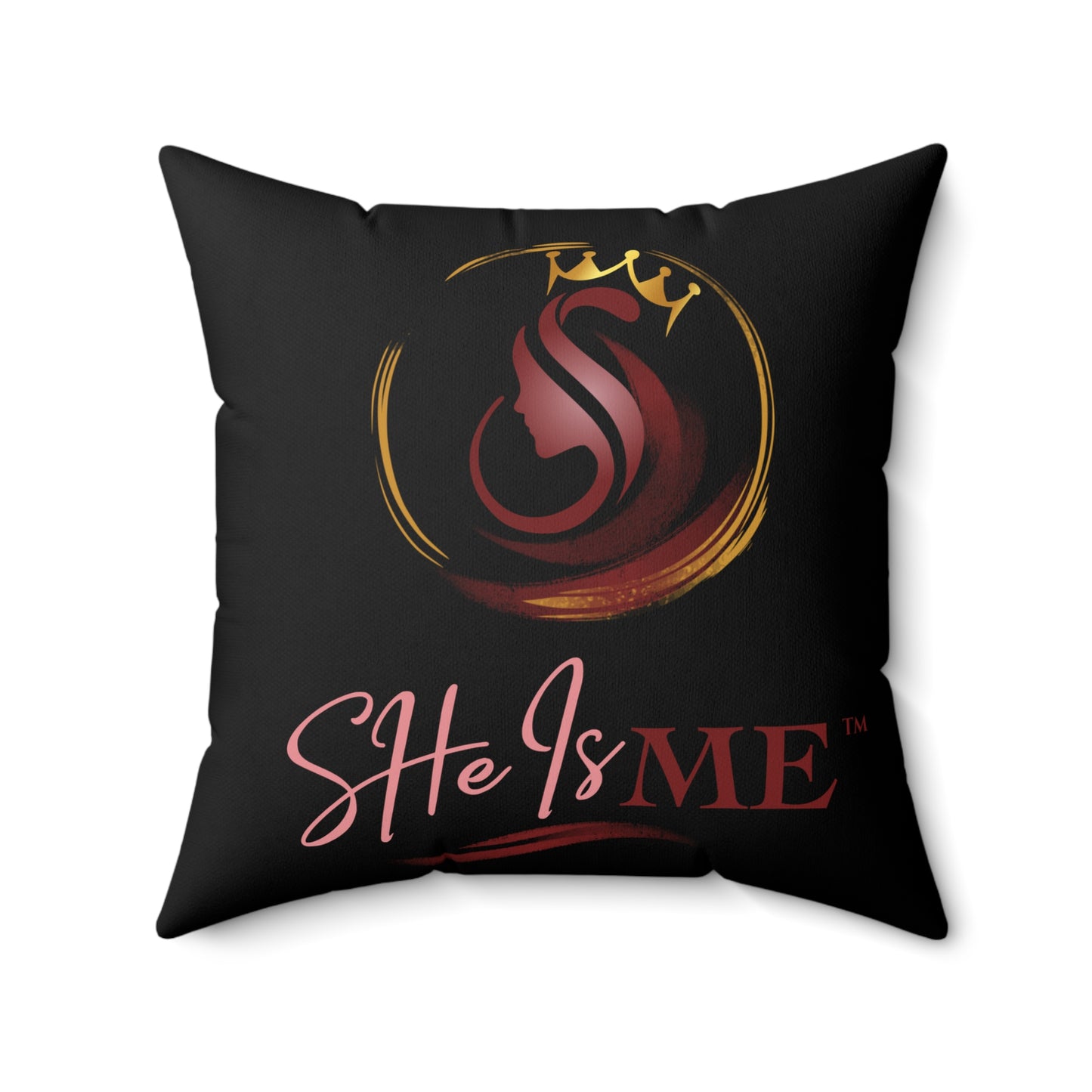 She Is Me Decorative Pillow — Inspirational Black Throw Pillow with Pink & Gold Logo