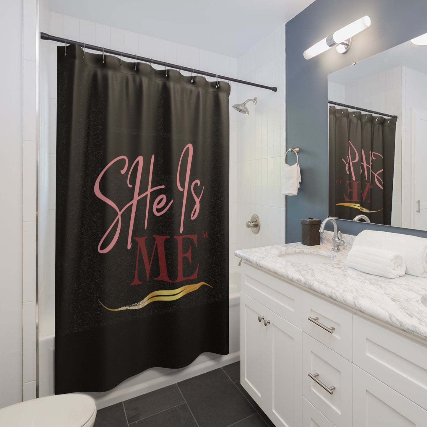 SHe Is Me Shower Curtain — Inspirational Black & Pink Bathroom Decor