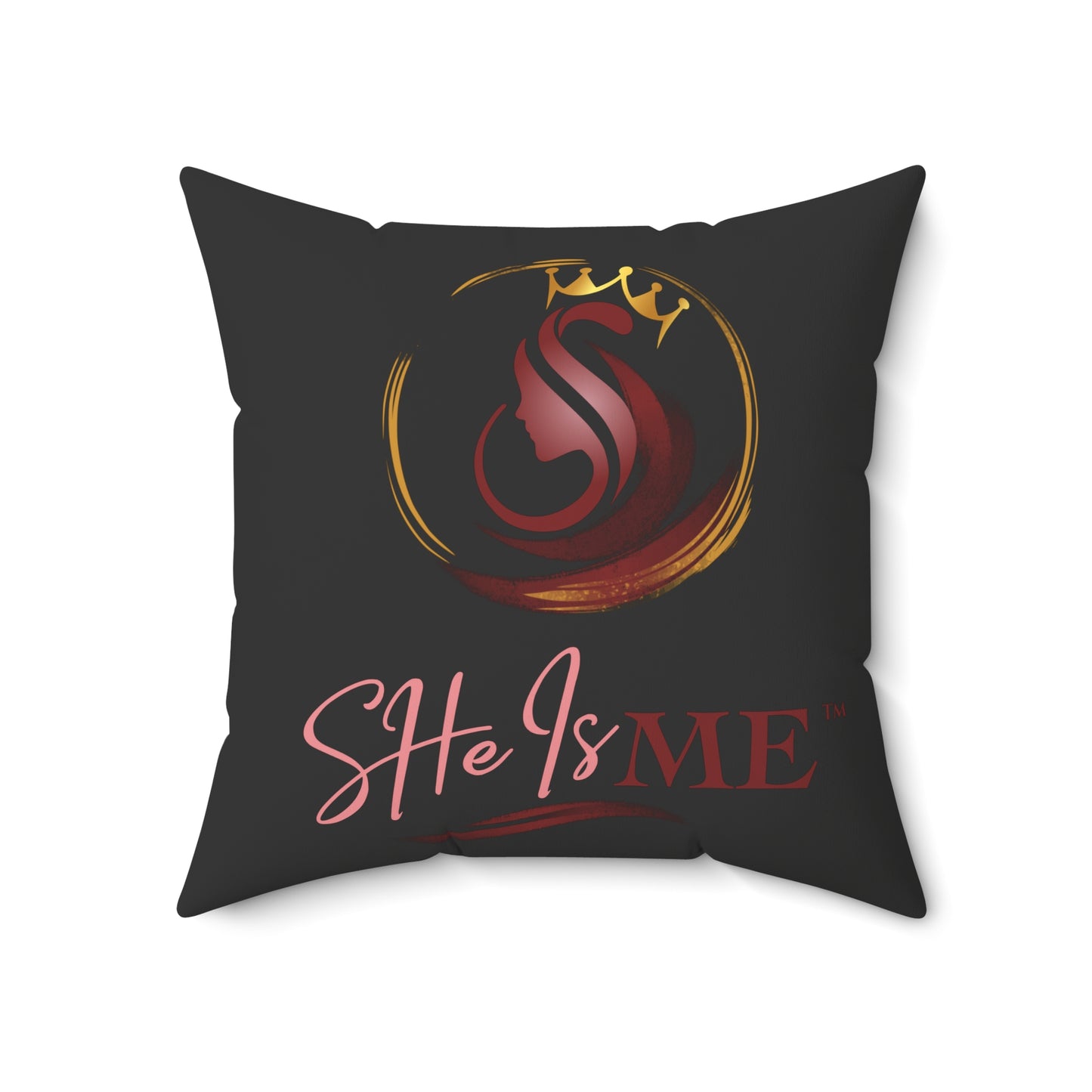 She Is Me Decorative Pillow — Inspirational Black Throw Pillow with Pink & Gold Logo