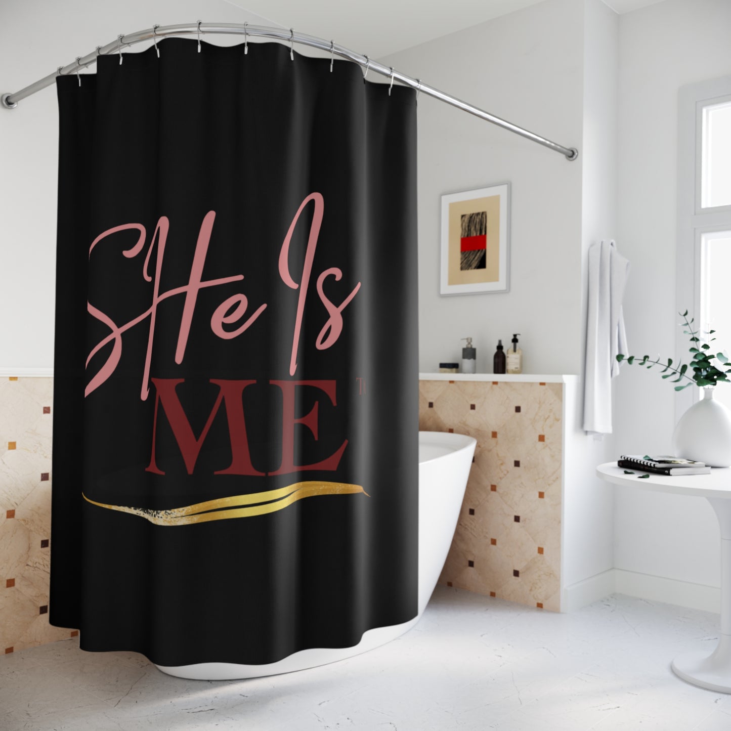 SHe Is Me Shower Curtain — Inspirational Black & Pink Bathroom Decor