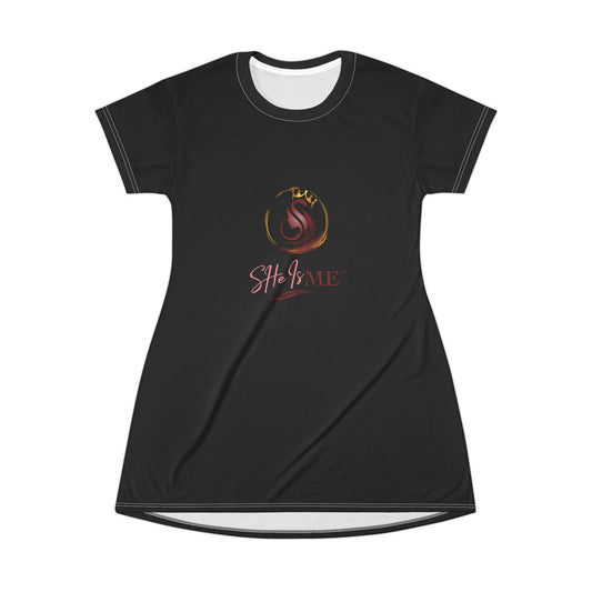 Shame Script Logo T-Shirt Dress — Elegant Graphic AOP Dress