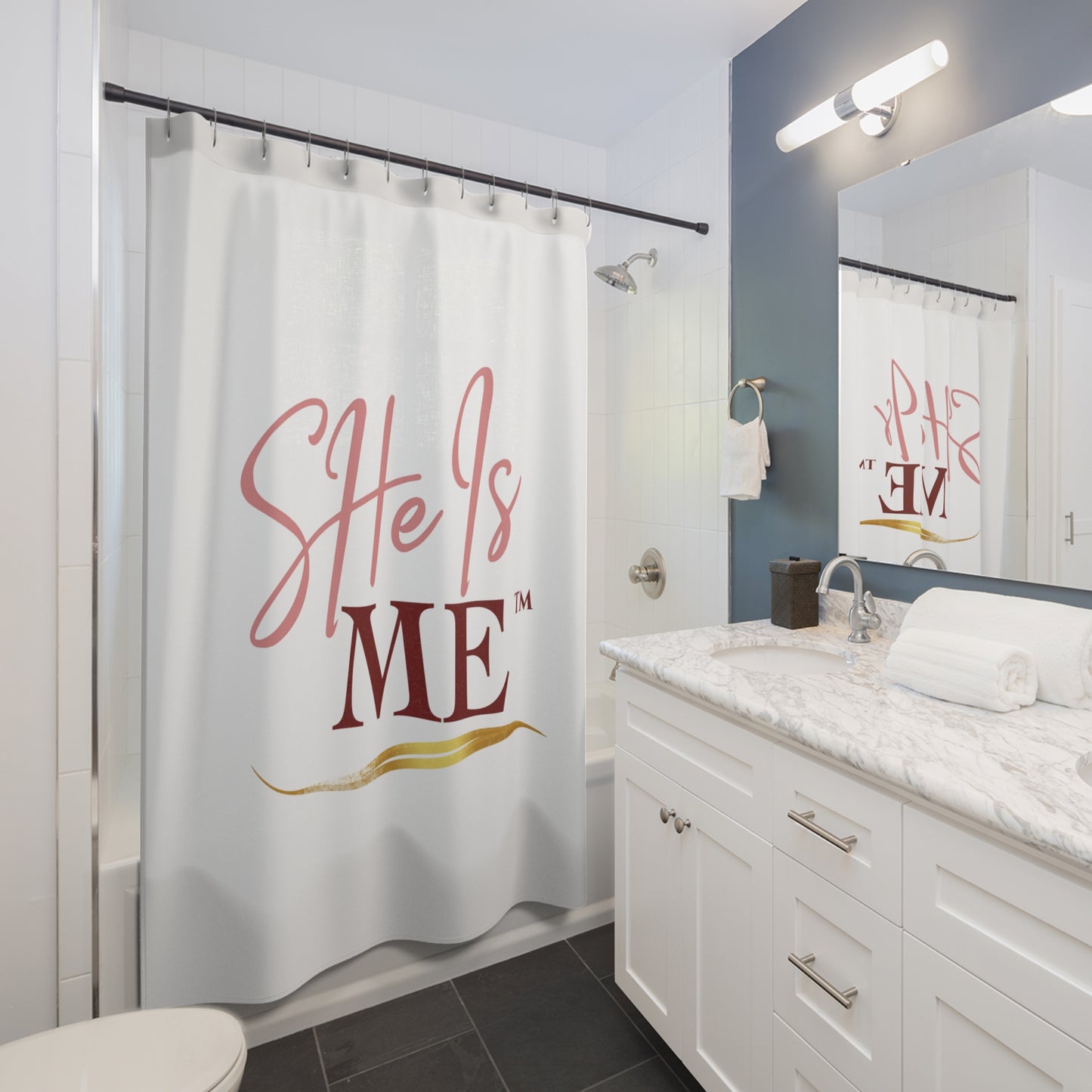 She Is Me™ Shower Curtain — Inspirational Feminine Bathroom Decor