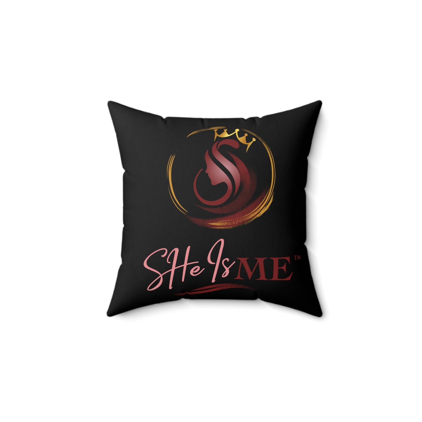 She Is Me Decorative Pillow — Inspirational Black Throw Pillow with Pink & Gold Logo
