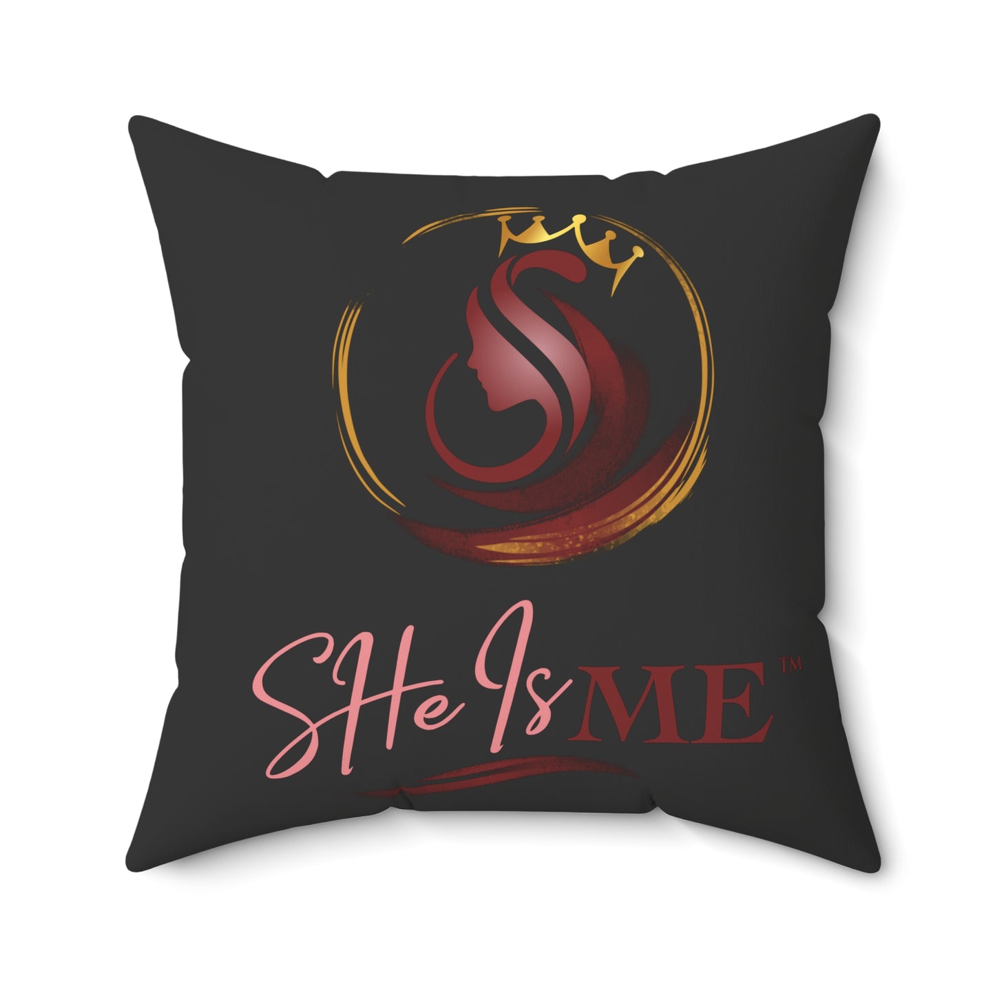 She Is Me Decorative Pillow — Inspirational Black Throw Pillow with Pink & Gold Logo