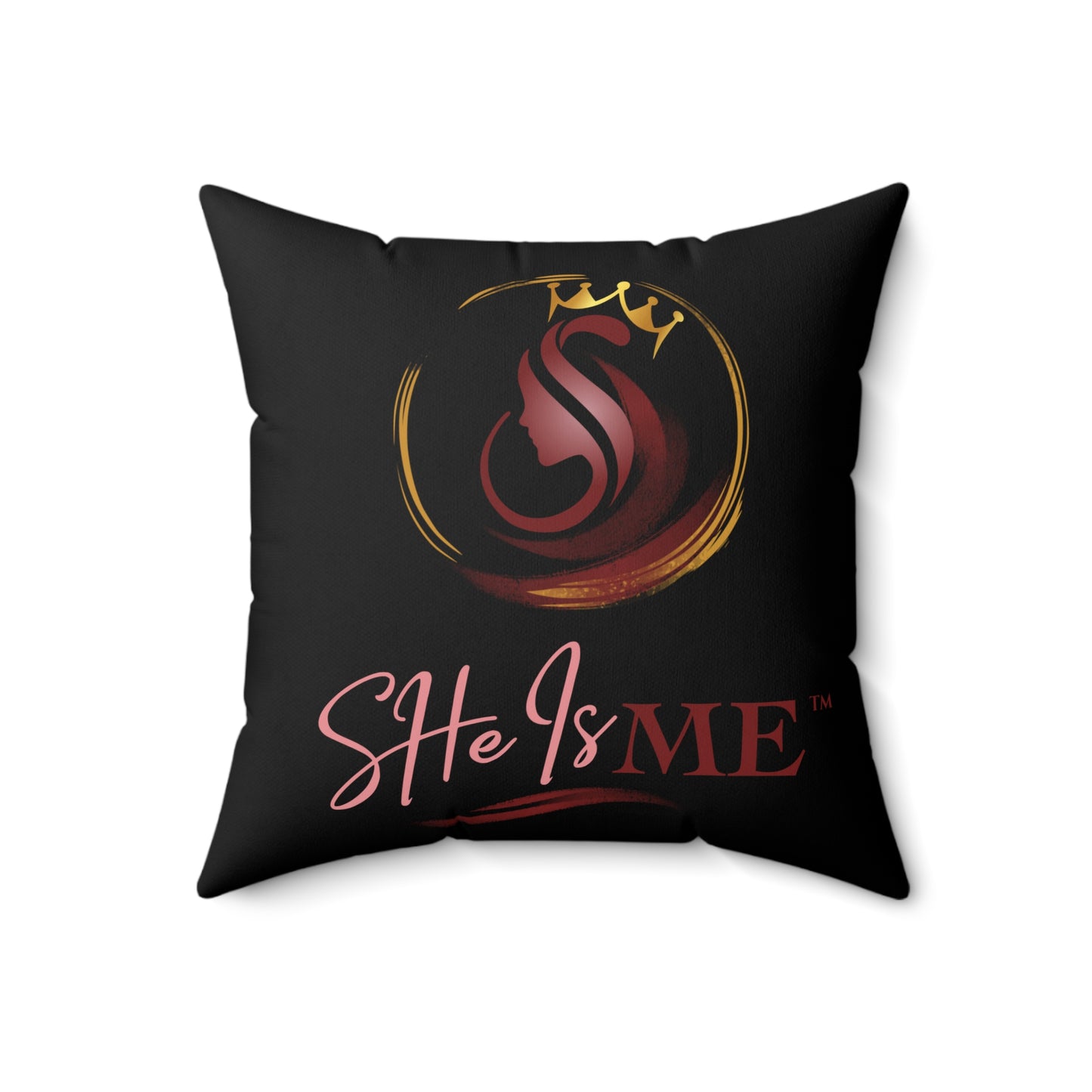 She Is Me Decorative Pillow — Inspirational Black Throw Pillow with Pink & Gold Logo