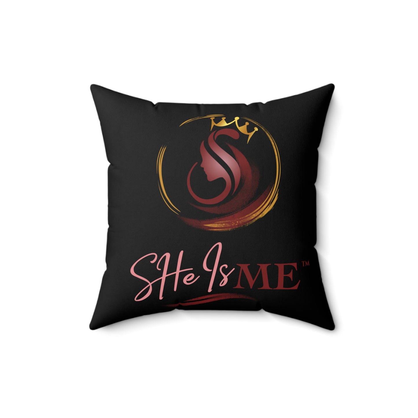 She Is Me Decorative Pillow — Inspirational Black Throw Pillow with Pink & Gold Logo