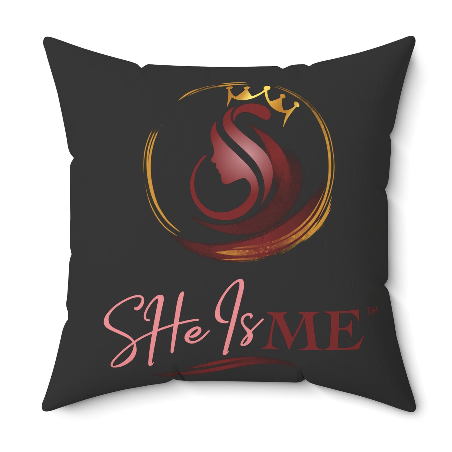 She Is Me Decorative Pillow — Inspirational Black Throw Pillow with Pink & Gold Logo